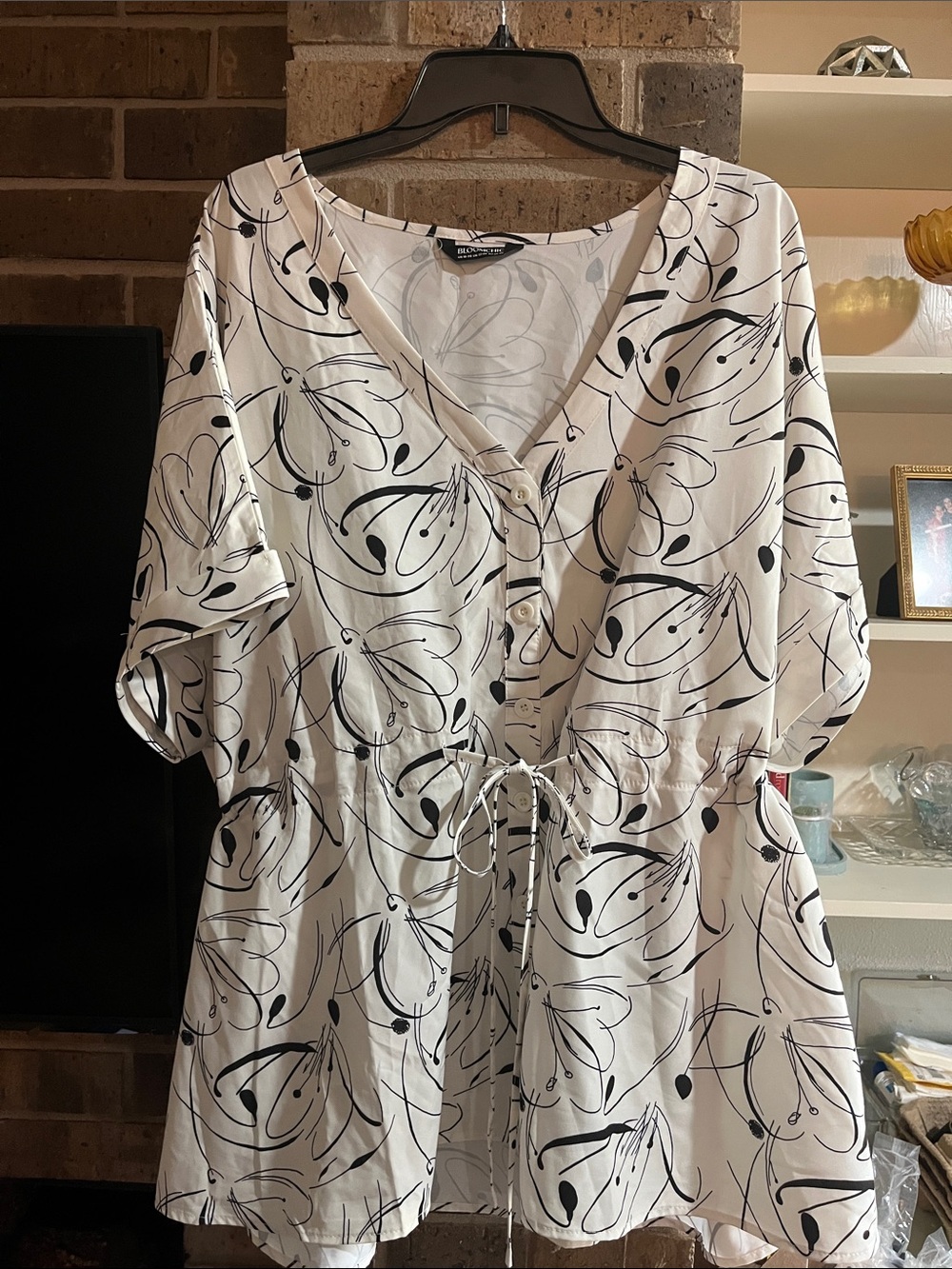 BloomChic White Blouse with Black Abstract Floral Print